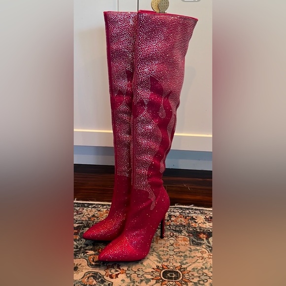 NWOT HOT Pink Suede and Rhinestone Women's Boots, 24" OVER THE KNEE - Picture 1 of 8